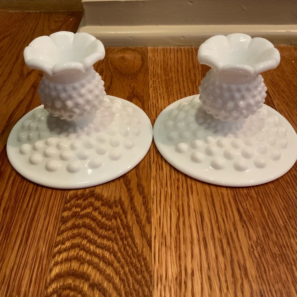 Fenton Candle Holders Hobnail Milk Glass Lot Set 2 Vintage